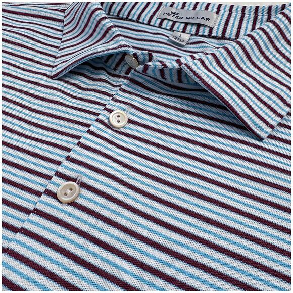 Peter Millar Striped Polo Shirt Classic Preppy Golf Blue Burgundy Size L - Picture 1 of 5